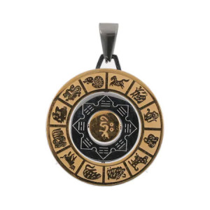 Medalion, amuleta feng shui cu cele 8 simboluri tibetane, 12 zodii si silaba HRIH, din metal, multicolor, diametru 4.5 cm - Img 3