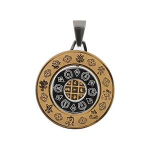 Medalion, amuleta feng shui cu cele 8 simboluri tibetane, 12 zodii si silaba HRIH, din metal, multicolor, diametru 4.5 cm - Img 1