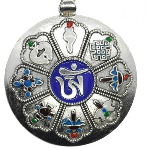Amuleta argintie cu cele 8 simboluri tibetane, cu cele 12 zodii si silaba de protectie