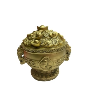 Obiect decorativ Vasul Prosperitatii cu Ru Yi, monede si pepite, Feng Shui, 14.4 cm