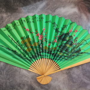 Evantai mare perete Feng Shui verde cu flori 90 cm x 160 cm