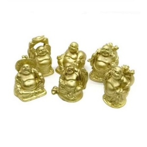 Set 6 Statuete Feng Shui Buddha aurii pentru prosperitate cu Pepita si Sac 4,5 cm,model FS72,