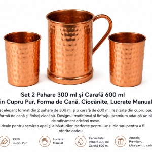 Set Premium din Cupru Pur – Carafă 600 ml + 2 Pahare 300 ml, Lucrate Manual, India