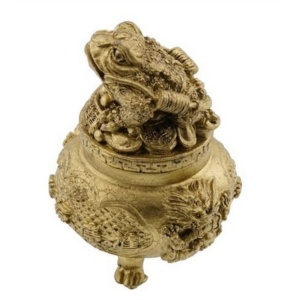 Statueta Feng Shui din rasina cu Vasul prosperitatii cu Broasca Raioasa si monede, 8cm Z2