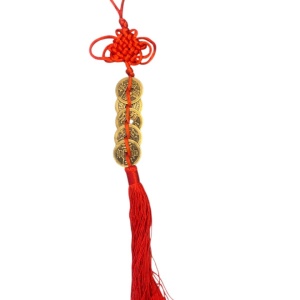 Amuletă GOBI® Feng Shui cu 5 Monede Norocoase și Nod Mistic – Protecție, Prosperitate și Energie Pozitivă 30 cm
