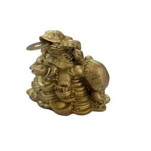 Statueta Feng Shui din rasina cu Broasca Testoasa si Broasca Raioasa pe monede si pepite, 8,7cm, Z1