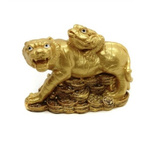 Statueta Feng Shui Tigru auriu cu Broasca raioasa - 10cm,TT27