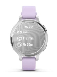 Ceas Garmin Lily 2, display AMOLED, dimensiune afisaj 25,4 mm x 21,3 mm, rezolutie afisaj 240 x 201 pixeli, memorie 8GB, autonomie pana la 9 zile, rezistanta la apa pana la 5 ATM, greutate: 24,4g, ramă Argintiu, şi curea Purple Jasmine din silicon - Img 11