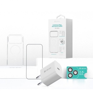 Devia Set 4 in 1 iPhone 17 Pro Max Incarcator retea GaN PD 30W + husa silicon Magsafe + folie sticla Military-Grade cu aplicator + folie sticla camera