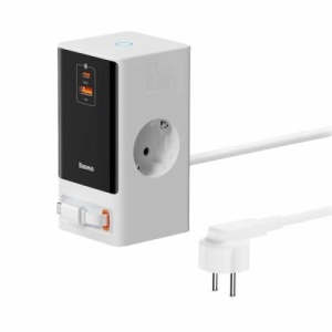 Incarcator retea Baseus PowerCombo Powerstrip, QC 65W, 2xAC, 1 x cablu integrat retractabil USB Type-C Output 5V/3A, 1xUSB, 1.5m, alb