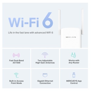 AX1500 Wi-Fi Range Extender SPEED: 300 Mbps at 2.4 GHz + 1201 Mbps at 5 GHz SPEC: 2× Fixed External Antennas, 1 × Gigabit Port, Wall Plugged, 1024 QAM, OFDMA FEATURE: MERCUSYS APP, WPS/Reset Button, Signal Indicator, Range Extender/Access Point mode, - Img 4