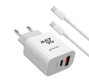 Lemontti Set Incarcator Retea Fast Charge 20W 1 x PD Type-C + 1 x USB-A Quick Charge 3.0 si cablu Type-C-Type-C 20W 1m Alb