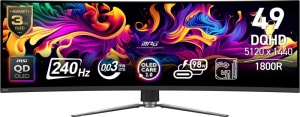 Monitor MSI 49" MPG 491CQPX QD-OLED, Curvature: 1800R, Diagonal (inch): 49, Diagonal (cm): 124, Aspect ratio: 32:9, Panel: QD-OLED, Resolution: 5120x1440, Refresh Rate: 240Hz, Response time GtG: 0.03ms, Brightness (max): 450 cd/m², Contrast (static) :