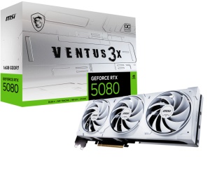 MSI VENTUS GEFORCE RTX 5080 16G 3X OC WHITE. Graphics processor family: NVIDIA, Graphics processor: GeForce RTX 5080. Discrete graphics card memory: 16 GB, Graphics card memory type: GDDR7, Memory bus: 256 bit. Maximum resolution: 7680 x 4320 pixels.