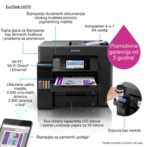 Multifunctional inkjet color CISS Epson L6570, dimensiune A4 (Printare, Copiere, Scanare, Fax), viteza 32 ppm alb-negru, 32ppm color, rezolutie 4800x1200 dpi, alimentare hartie 550 coli, scanner CIS rezolutie 1200x2400 dpi, DADF, fax memorie 550 pagini, - Img 7