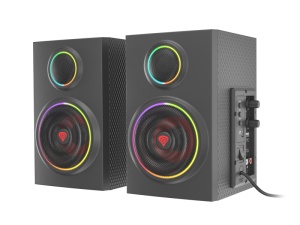 Sistem audio 2.0 Genesis HELIUM 300BT, putere totala RMS 24 W, frecventa raspuns 100 - 20000 Hz, material lemn, iluminare ARGB, negru