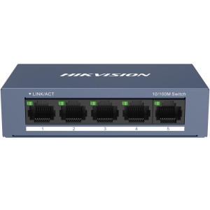 Switch Hikvision DS-3E0105-O: 5 × 10/100 Mbps RJ45 Port, tensiune alimentare 5 VDC, 1A., dimensiuni: 103.05 mm × 25.6 mm × 61.1 mm, greutate: 0.15kg, montare pe birou sau pe perete.