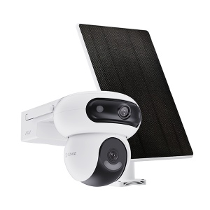 CAMERA EZVIZ CU PANOU SOLAR HB90+8W SOLAR PANEL KIT, Senzor CMOS de scanare progresivă de 1/3" de 4 MP, Lentila superioară: 2,8 mm @ F1.2, câmp vizual: diagonală 110°, Orizontală 96°, verticală 54° Inferioară lentilă: 6 mm @ F1.2, câmp vizual: diagonală