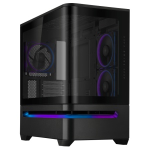 Carcasa ASUS AP202 Small Tower ARGB NEGRU, Tempered Glass, Sloturi Expansiune 4, Drive Bays: 2x2.5"/3.5" Combo, Ventilatoare Suportate: 6 (spate: 1x120mm, sus: 3x120mm sau 2x140mm, lateral: 2x120mm), Ventilatoare Incluse: 3 (spate: 1x120mm, lateral: