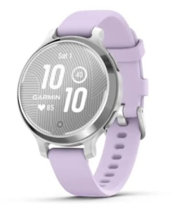 Ceas Garmin Lily 2, display AMOLED, dimensiune afisaj 25,4 mm x 21,3 mm, rezolutie afisaj 240 x 201 pixeli, memorie 8GB, autonomie pana la 9 zile, rezistanta la apa pana la 5 ATM, greutate: 24,4g, ramă Argintiu, şi curea Purple Jasmine din silicon - Img 5