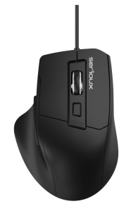 MOUSE SERIOUX SRXM-OPM168 Mouse optic cu fir USB 6D Culoare neagră Design ERGO Complet negru cu capac superior din cauciuc 6 butoane DPI: 1200-1800-2400-3600DPI Cablu PVC negru de 1,5 m Ambalaj OEM în cutie de culori