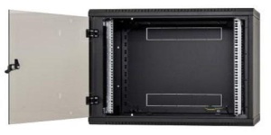 Rack de perete Triton sectiune simpla 18U 600mm adancime usa sticla panouri laterale fixe sectiuni ventilatie activa, sectiuni acces cabluri sus/jos/spate securizare cu cheie, 1 pereche montanti reglabili IP30 negru
