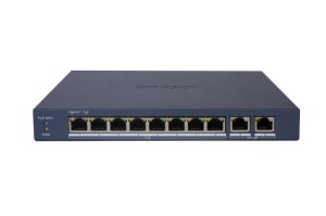 Switch PoE Hikvision DS-3E1510P-EI/M(B): 8 × Gigabit PoE port,2 × Gigabit RJ45 port, 8 porturi PoE maxim 30W, buget PoE 80W, tensiune alimentare 54VDC, 1.6A, dimensiuni: 217.6 mm × 27.6 mm × 108.5 mm, greutate: 0.54kg, montare pe birou sau pe perete.