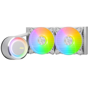Cooler Procesor MSI MAG CORELIQUID E240 ALB, marime radiator 120mm, 2 ventilatoare ARGB, Viteza pompa: 3000 +/- 10%, Suport AMD: AM4/AM5, suport INTEL: LGA 1150/1151/1155/1156/1200/1700, Airflow: 25.5-75.04 CFM, Nivel de zgomot pompa: 20dBA