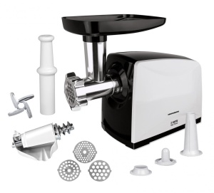 Masina de tocat Heinner MG-2100BKWH, putere maxima: 2100W, capacitate de tocare: 1.8 kg, cutit din inox, 3 site de taiere, accesoriu pentru rosii, accesorii pentru carnati si kibbe, functie Reverse, culoare: negru/alb, nivel de zgomot: 90dB