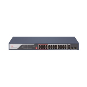 Switch PoE Hikvision DS-3E0326P-E(C): 24 x 10/100Mbps PoE port,2 × Gigabit combo, buget PoE 370 W, tensiune alimentare 100 to 240 V AC, 50/60 Hz, Max. 6.5 A, dimensiuni: 440.00 mm × 44.00 mm × 220.80 mm, greutate: 3.54kg, montare in rack.