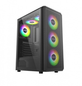 Carcasa PRO GAMING GHOST Mid Tower ARGB Negru, Tempered Glass, Ventilatoare Suportate: 6, Ventilatoare Incluse: 4, 1xTelecomanda+controller, ATX
