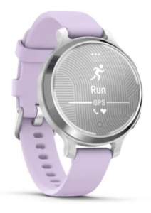 Ceas Garmin Lily 2, display AMOLED, dimensiune afisaj 25,4 mm x 21,3 mm, rezolutie afisaj 240 x 201 pixeli, memorie 8GB, autonomie pana la 9 zile, rezistanta la apa pana la 5 ATM, greutate: 24,4g, ramă Argintiu, şi curea Purple Jasmine din silicon - Img 7