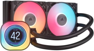 Cooler Procesor CORSAIR iCUE LINK TITAN 240 RX LCD NEGRU, dimensiune radiator 277x120x27mm, 2 ventilatoare ARGB, viteza ventilatoare: 300-2100RPM +/- 10%, Suport AMD: AM4/AM5, suport INTEL: LGA 1700/1851, Airflow: 73.5 CFM, Nivel de zgomot: 36 dBA