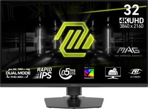 Monitor MSI 31.5" MAG 322URDF E16, Diagonal (inch): 31.5, Diagonal (cm): 80, Aspect ratio: 16:9, Panel: Fast IPS, Resolution: 3840x2 160/1920x1080, Refresh Rate: 160Hz/320Hz, Response time GtG: 0.5ms, Brightness (max): 400 cd/m², Contrast (static) :