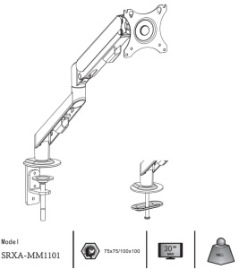 Suport monitor Serioux MM1101, tip: arc cu gaz, reglarea poziției unghiului de înclinare: -45 / + 90 °, pivotant: 180 °, rotatie pentru ambele brate: 360 °, VESA: 75x75mm & 100x100mm, greutate maxima suportata: 9 kg, compatibilitate: 10"-30" - Img 7