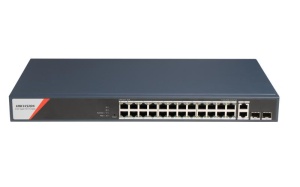 Switch PoE Hikvision DS-3E1528HP-SI-24P2T2F: 24 x 10/100/1000 Mbps PoE Ports, 2 × 10/100/1000 Mbps RJ45, 2 x 10/100/1000 Mbps SFP, 24 porturi PoE maxim 90W, buget PoE 370W, tensiune alimentare: 100-240V~ 50/60Hz 6.3 A, dimensiuni: 440 mm × 44 mm × 220.8