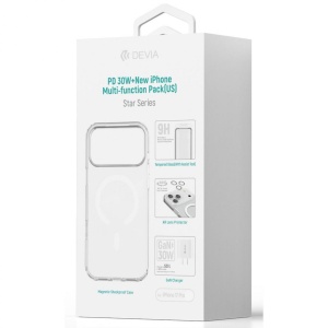 Devia Set 4 in 1 iPhone 17 Pro Incarcator retea GaN PD 30W + husa silicon Magsafe + folie sticla Military-Grade cu aplicator + folie sticla camera - Img 2