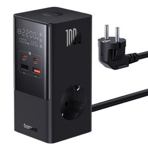 Incarator retea Baseus GaN Powerstrip, Quick Charge 100W, 2 x AC, 2 x USB Type-C Output 5V/3A, 2 x USB, lungime cablu 1.5m, negru