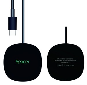 Incarcator wireless Spacer, Quick Charge 15W Qi, conector Type-C, rol de stand prin prindere magnetica, negru - Img 3