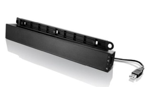 Lenovo USB Soundbar, Compatible with most Lenovo ThinkVision monitors Dual Speaker support with 1.25+1.25 total watts of output Audio volume controlled directly from the soundbar, Volume+ / volume- / mute button, Audio is linked to PC audio control,