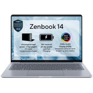 Laptop ASUS Zenbook 14, UX3480AA-U2382X, ecran 14.0-inch, FHD (1920 x 1200) OLED 16:10 aspect ratio, LED Backlit, 60Hz, 300nits,Anti-glare and low-reflection(AGLR) display, procesor Intel® Core™ Ultra 7 Processor 355 2.3 GHz (12MB Cache, up to 4.7 GHz,