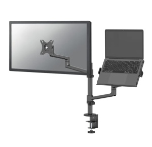 Suport dublu laptop de birou Neomounts DS20-425BL2; pentru display-uri cu diagonale 17"-27", sistem de prindere VESA 75x75~100x100, greutate maxima suportata 8kg, tilt +90°, -30°, swivel 90°, rotate 360°, distanta fata de perete 162-494mm; inaltime
