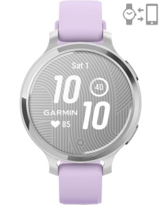 Ceas Garmin Lily 2, display AMOLED, dimensiune afisaj 25,4 mm x 21,3 mm, rezolutie afisaj 240 x 201 pixeli, memorie 8GB, autonomie pana la 9 zile, rezistanta la apa pana la 5 ATM, greutate: 24,4g, ramă Argintiu, şi curea Purple Jasmine din silicon