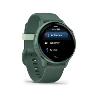 Ceas Garmin vívoactive 6 display AMOLED, dimensiune afisaj 30.4 mm, rezolutie afisaj 390 x 390 pixeli, memorie 8GB, autonomie până la 11 zile (5 zile cu afişajul permanent pornit) rezistanta la apa pana la 5 ATM, greutate: 23g, ramă Jasper Green cu