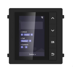 Modul de afisare pentru videointerfon modular Hikvision DS-KD-DIS; ecran LCD 3.5 inch, rezolutie 320x480P; 4 butoane de operare; memorie pentru 500 de contacte; apelare din lista de contacte; deschidere usa cu Pin cu ajutorul modului de tastatura( nu