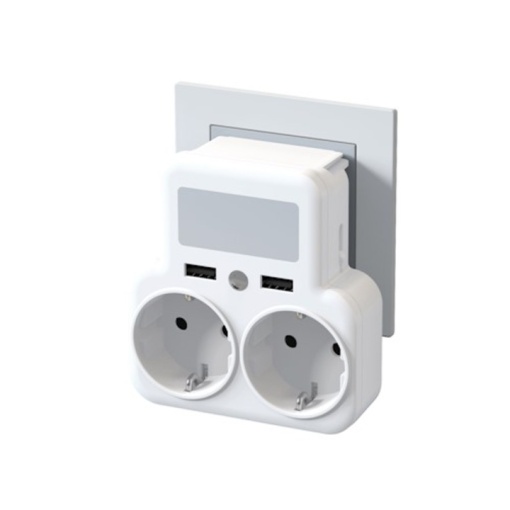 Adaptor 2 prize, 2 x USB, 4000W, lampa LED, senzor miscare, XO-WL09, Alb