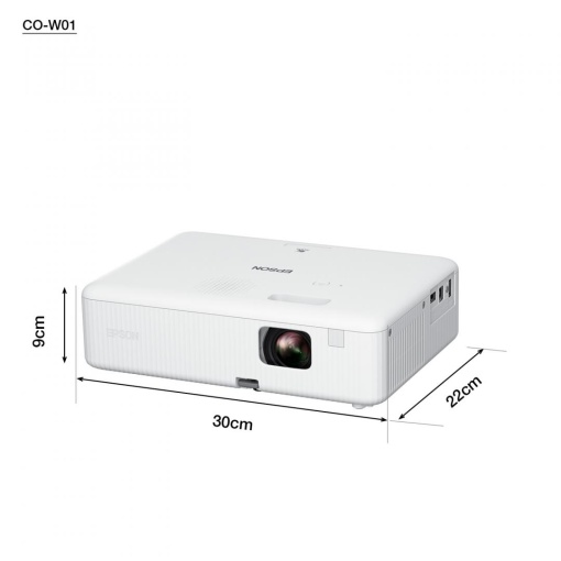 Proiector Epson CO-W01, 3LCD, 3.000 lumeni/ 2.000 Ecomode, WXGA, HD ready, 16:10, lampa 6.000 ore/ 12.000 ore Economy mode, corectie ± 30, zoom 1- 1.35, dimensiune maxima imagine 378", distanta maxima de proiectie 10.4 m, HDMI 1.4, USB 2.0-A, USB 2.0