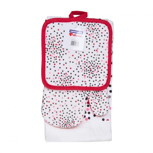 "Set bucatarie format din 3 piese Dots Setul contine : 1 prosop de bucatarie 38X63 cm,65Gr/buc 1 manusa de bucatarie 17X27 cm 1 suport oala 18X18 cm Material:100% Bumbac "