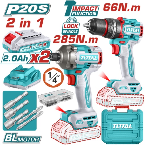 TOTAL - KIT COMBO 20V 2.0A.h- MASINA DE GAURIT CU IMPACT, MASINA DE INSURUBAT CU IMPACT (INCLUDE 2