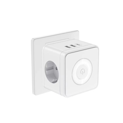 Adaptor priza alb tip cub, cu 2 prize shucko 16A, 2xUSB si 1xType C, cu lumina veghe – Eficienta si versatilitate pentru orice spatiu